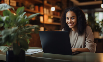 a beautiful young ethnic woman smiling as she works remotely on her laptop at home