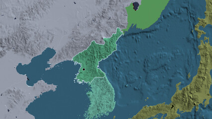 Shape of North Korea. Outlined. Administrative.