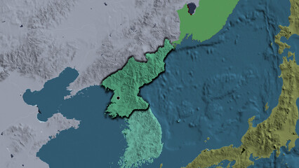 Shape of North Korea. Bevelled. Administrative.
