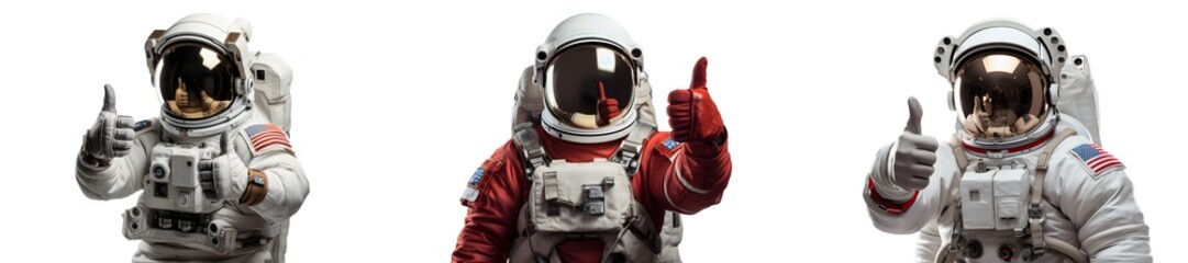 Set astronaut showing thumb up, collection cut out space man hand gesture approve or success