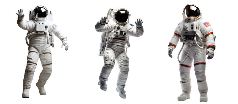 Set of funny astronauts in different poses, space man gesturing isolated on transparent background