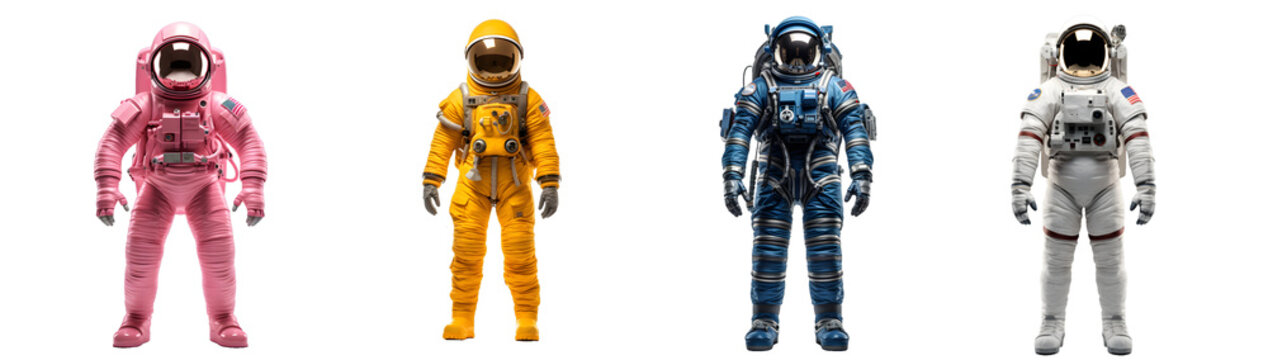 Cut out set of astronauts in yellow, pink, blue and white space suits isolated on transparent white background
