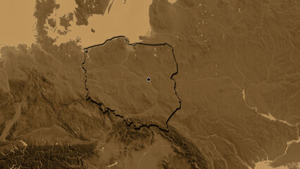 Shape of Poland. Bevelled. Sepia elevation.