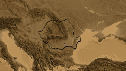 Shape of Romania. Bevelled. Sepia elevation.