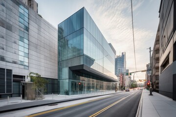 Fototapeta premium modern building, with view of bustling and vibrant city street, featuring sleek lines and sharp angles