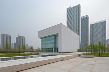 modern building, with clean lines and minimalist design, standing in the midst of cityscape
