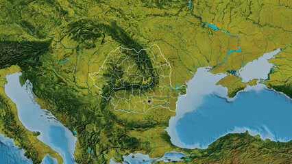 Shape of Romania with regional borders. Topographic.