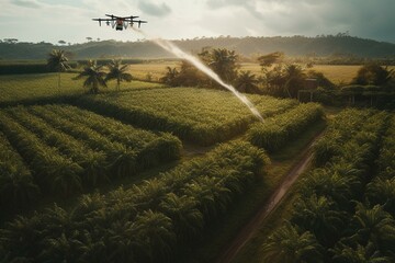 A drone flies over a sugar cane farm to spray fertilizer. Generative AI