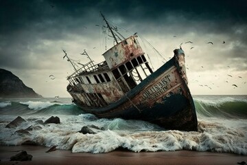 Shipwrecked fishing boat. Generative AI - obrazy, fototapety, plakaty