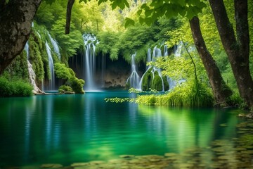 Tranquil scene of idyllic waterfalls in Plitvice Lakes, Croatia. Generative AI