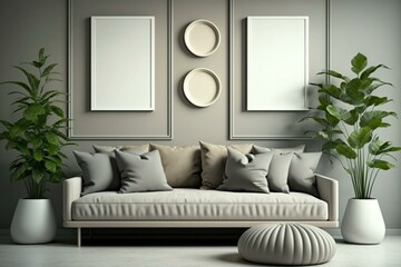 Blank frames on beige wall with modern furniture, gray sofa, cozy pillows, and plant. 3D render. Generative AI