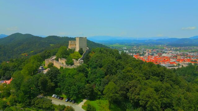 Celje Old castle (Celjski Stari grad), aerial view of medieval fortification and town of Celje in Lasko valley in Julian Alps mountains, Slovenia, Styria.