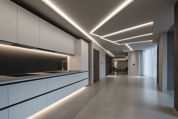 LED strip lighting suspended from plasterboard ceiling. Includes downlights, white walls. Contemporary home design with technology. Generative AI