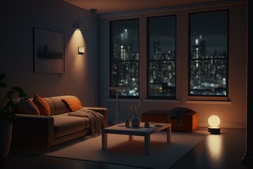 Nighttime 3D living room. Generative AI
