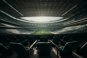 Round stadium with gray-green chairs and premium boxes. Generative AI