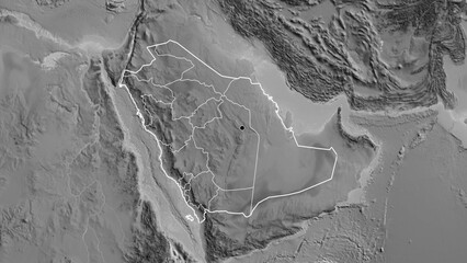 Shape of Saudi Arabia with regional borders. Grayscale.