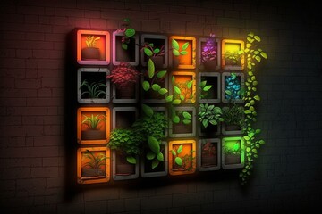 Wall garden w/ neon squares. Generative AI