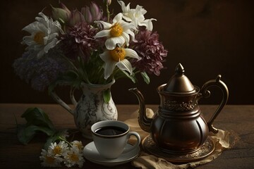 Decorative table arrangement of flowers and coffee. Generative AI