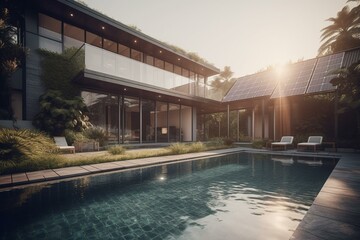 A lavish home has a stunning pool, solar power on top, and an EV. Generative AI