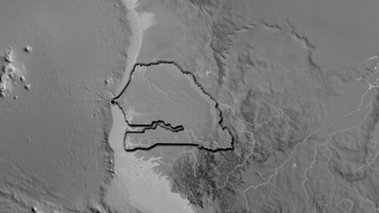 Shape of Senegal. Bevelled. Grayscale. © zelwanka