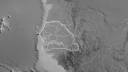 Shape of Senegal with regional borders. Grayscale. © zelwanka