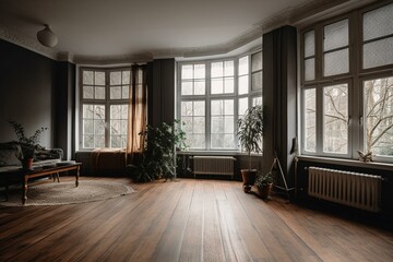 Fototapeta na wymiar Freshly painted empty living room with laminate floors, window, and aluminum radiator. Generative AI