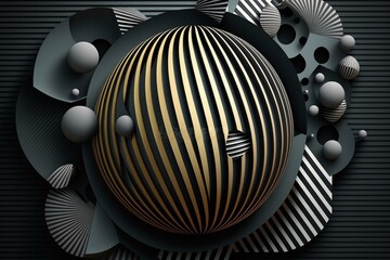 Dark 3D sphere backdrop with futuristic stripes. Generative AI