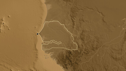 Shape of Senegal. Outlined. Sepia elevation. © zelwanka