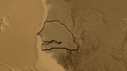 Shape of Senegal. Bevelled. Sepia elevation. © zelwanka