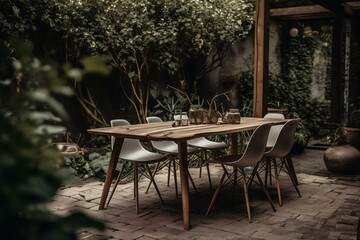 Fototapeta na wymiar Table and chairs for home design in a garden. Generative AI