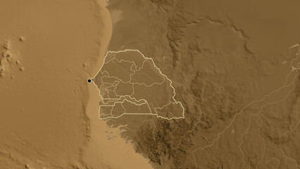 Shape of Senegal with regional borders. Sepia elevation. © zelwanka