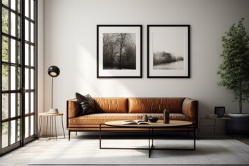Mockup of frame in minimalistic living room with leather sofa, black coffee table, concrete floor, white wall, and sun rays. Generative AI