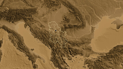 Shape of Serbia with regional borders. Sepia elevation.