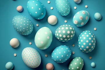 Blue background with eggs for Easter celebration. Generative AI