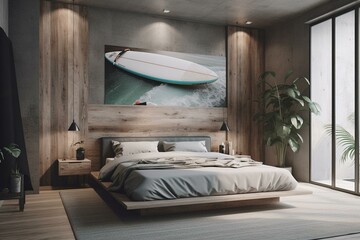 Modern bedroom with a surfboard on the wall. Generative AI