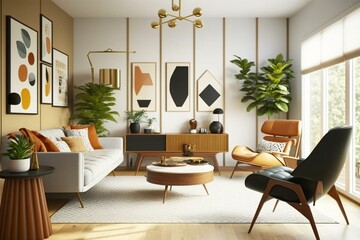 Living room with retro vibe, clean lines, organic shapes, and mid-century modern aesthetic. Generative AI