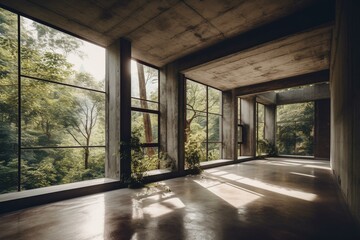 A concrete room with windows, surrounded by nature. Generative AI