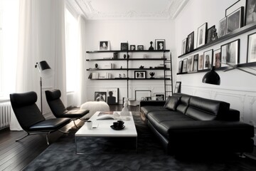 white room with contrasting black furniture