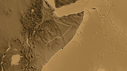 Shape of Somalia. Outlined. Sepia elevation.