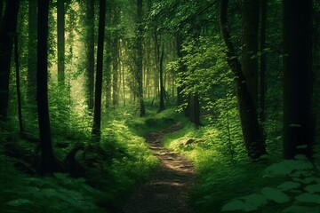 Serene forest with lush green trees. Generative AI