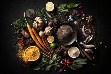 Variety of spices and herbs on black table for delicious meals. Generative AI