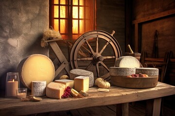 cheese wheel with age label and rustic cellar background