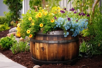 barrel repurposed as a flower planter outdoors