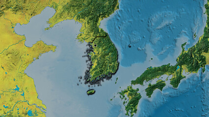 Shape of South Korea. Bevelled. Topographic. - obrazy, fototapety, plakaty