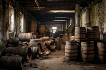 old barrels stacked in a historic distillery