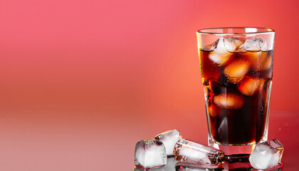 Cola with ice. Fresh cold sweet drink with ice cubes. Over red background with copy space