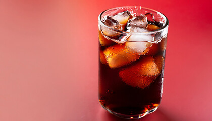 Cola with ice. Fresh cold sweet drink with ice cubes. Over red background with copy space