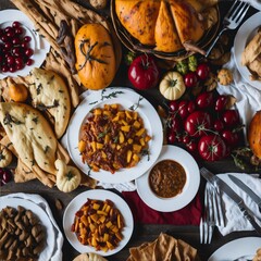 image of a table full of Thanksgiving day food Generative AI