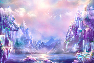 Fantastic fairy tale background, digital art. Illustration of a mountain dawn landscape with waterfalls and birds