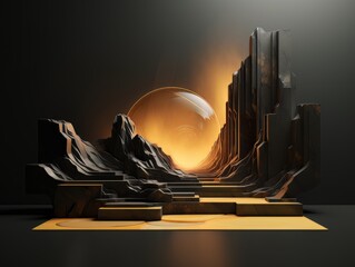Abstract minimalistic contrast black and golden scene with geometric shapes. visualization AI